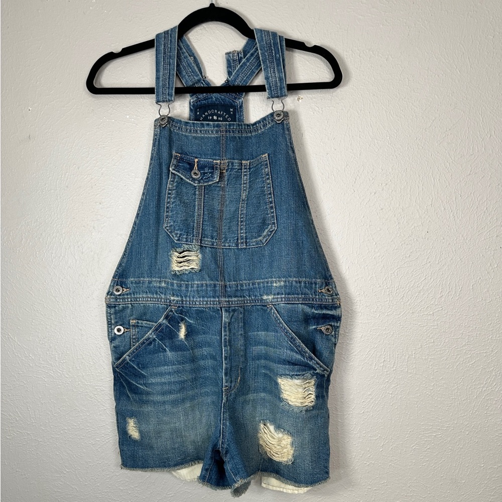 Distressed Denim Short Overalls - Blue